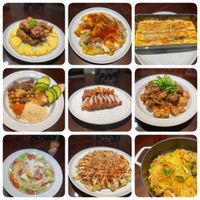 可能是炒麵、炒飯、歐姆蛋、義大利麵、壽司和文字的圖像