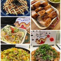 可能是豆腐、炒麵、拉麵、麵、炒飯、炸丸子和文字的圖像