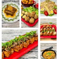可能是炒麵、炸丸子、豆腐、蘇格蘭蛋和文字的圖像