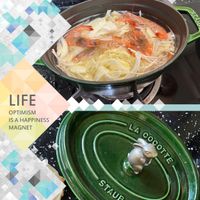 可能是火鍋和顯示的文字是「 life Itfejustgivesyoutimeandspace just gives you time and space aptoyoutofillit up to you to fill it LIFE OPTIMISM IS A HAPPINESS MAGNET LA COCOTTE STAUS STAUB 」的圖像