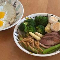 可能是拉麵、水波蛋、蛋黃、肉排和文字的圖像