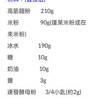 可能是顯示的文字是「材料： （直接法） 高筋麵粉 高筋麵粉210g 210g 米粉 90g 90g(蓬萊米粉或在 來米粉) 冰水 190g 糖 10g 奶油 10g 鹽 - 3g 速發酵母粉3/4小匙(約2g） 3/4小匙（約2g） 速發酵母粉」的圖像