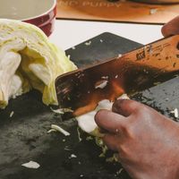 可能是刀、高麗菜、紫高麗菜、炒菜鏟和高麗菜絲沙拉的圖像