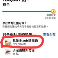 可能是懶猴和顯示的文字是「你的貢獻 186,561點 點 來自 團體冠軍 30,000 點 你已成爲社團冠軍！ 你各個社團的成員可看到你的徹章和點數， 對各個社園的旦鄉 查看全部 我愛Staub鑰鐵鍋 Staub 錦鐵鍋 我愛 222, 222,104點 104 點 子護塵聞 주주원특매산 ននេកគ្មជ 国は 子團購新竹店 15點 野酵麵包慢慢發 野酵麵包慢慢發（wildyeast (wild yeast bread) 289點 點」的圖像