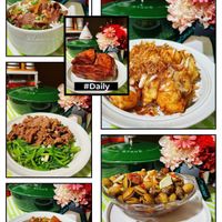 可能是燉小牛膝、炒麵和顯示的文字是「 STADISH #Daily STAUD B oncept 」的圖像