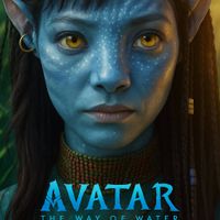 可能是 1 人和顯示的文字是「 VATAR THE WAY OF WATER IN THEATRES NTHEATRESAND3 AND 3D DECEMBER 16 」的圖像