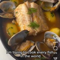 可能是顯示的文字是「 13:25 100% -Reels Reels CRL Likes I'm trying to cook every fish375 in the world andrejcooksfish ร Problems Hugo 99 COOKING EVERY FISH IN THE WORLD Л 」的圖像
