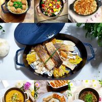 可能是北非小米飯、西班牙大鍋飯、豆腐、豆煮玉米、炒飯和文字的圖像