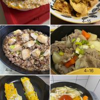 可能是拉麵、歐姆蛋、牧羊人派、義大利麵、豆腐和文字的圖像