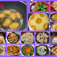 可能是炸丸子、豆腐、炒麵和文字的圖像