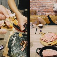 可能是 2 個人、起司火鍋、肉排和文字的圖像