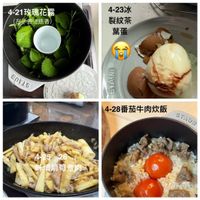 可能是豆腐、紫蘇和顯示的文字是「 4-21玫瑰花露 左手香迷送香） 4-23冰 裂紋茶 葉蛋 SAAUS SAVAS ST TLS 4-28番茄牛肉炊飯 STAUB STAUS 4-2526 26 未增箭筍煮肉」的圖像