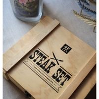 可能是‎顯示的文字是「 ‎STEAK ትሠ موز ng 2piece PIBos steak knives& ያፎ 6steak SET م سم forks fore ФЛ05R A.R‎ 」‎的圖像
