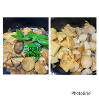 可能是香菇、豆腐和顯示的文字是「 ATE 三杯豆包 杏鮑菇15 PhotoGrid 」的圖像