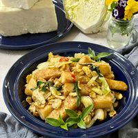 可能是豆腐、炒麵和義大利麵的圖像
