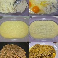 可能是牧羊人派、粥、炒飯、北非小米飯、蛋黃和水波蛋的圖像