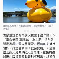 可能是顯示的文字是「 TVBS 新聞網： 童玩節30周年， 童玩筋30周年，與藝術家合作打造史努比。 （圖/ 與藝術家合作打造史努比鴨。 TVBS) 電量不足 宜蘭童玩節今年邁入第三十個年頭， 以 「童心無限 「童心無限童玩30」為主題，特別與 童玩30」 為主題， 特別與 藝術家霍夫曼以及慶祝75周年的史努比 合作， 打造全新的 「史努比鴨」 合作，打造全新的「史努比鴨」。這 。這隻 結合兩大經典IP的大型氣球 在先前僅 以縮小版模型和動畫形式展示， 終於在 2日上午首度完整亮相。 廣告」的圖像
