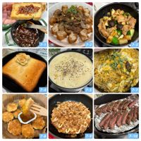 可能是肉排、炒飯、炒麵、豆腐和文字的圖像