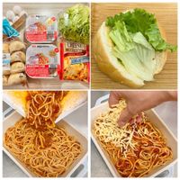 可能是麵、義大利麵、炒麵和文字的圖像