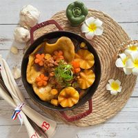 可能是港式點心、肉餡餅、豆腐和文字的圖像