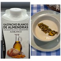 可能是顯示的文字是「 puouss GAZPACHO BLANCO DE ALMENDRAS CON ACEITE DE OLIVA VIRGEN EXTRA AJOBLANCO O MANNA RO 」的圖像