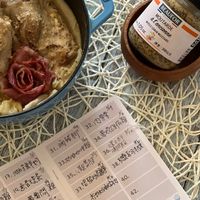 可能是燉小牛膝、香菇和文字的圖像