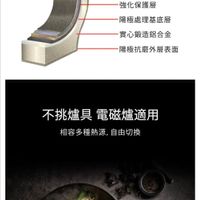 可能是顯示的文字是「五層抗蝕鍋身 添加鈦成分， 添加鉄成分，又誠又辣食材也不擔心 又鹹又辣食材也不擔心 翻炒 限煮不易沾黏 那炒、煎煮不易沾黏，輕鬆省力 輕鬆省力 耐用三層不沾表層 强化保護層 陽極處理基底層 實心鍛造鋁合金 陽極抗磨外層表面 不挑爐具 兆爐具電磁爐適用 電磁爐適用 相容多種熱源，自由 自由切換」的圖像
