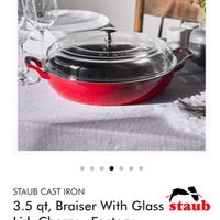 可能是顯示的文字是「 STAUB CAST IRON 3.5 qt, Braiser With Glass staub Lid, Cherry - Factory Second $329.99 $149.99 -55 」的圖像