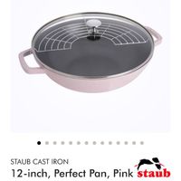 可能是顯示的文字是「 STAUB CAST IRON 12-inch, Perfect Pan, Pink staub Peony- Factory Second $349.99 $149.99 -57 % 」的圖像