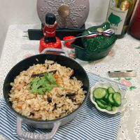 可能是西班牙大鍋飯、印度香料飯、炒飯、北非小米飯和文字的圖像