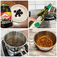可能是顯示的文字是「 S1 TRE creSpo cre PITTED OLIVES IN OLIVESINBRINE PITTEDBLACKE BLACK BRINE V LE EPETIT COCHON SAIP 」的圖像