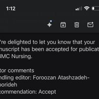 可能是醫院和顯示的文字是「 1:12 We're delighted to let you know know that your manuscript has been accepted for publication in BMC Nursing. Editor comments Handling editor: Foroozan Atashzadeh- Shoorideh Recommendation: Accept 」的圖像