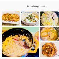 可能是炒飯、西班牙大鍋飯和顯示的文字是「 Luxembourg Luxembourg|InstaMog I InstaMag 9-9大恵炒豆腐 9- 9-33媽擬上樹 9-40 9-28 y-21 机店」的圖像