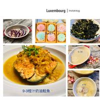 可能是豆腐和顯示的文字是「 Luxembourg I InstaMag 9-38 9-19 9-1 9-3橙汁奶油鮭魚」的圖像