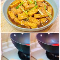 可能是豆腐、拉麵和顯示的文字是「蔥燒豆腐 甜不辣炒黃瓜 慈菇炒A菜 PIC.COLLAGE PIC.COLL 」的圖像