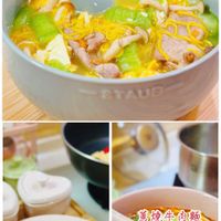 可能是粥、火鍋、麵、拉麵、豆腐和顯示的文字是「 40酒 絲瓜薑黃麵線 STAUBS 炒泡麵 蔥燒牛肉麵 PIC.COLLAGE PIC.COL 」的圖像
