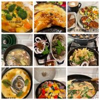 可能是麵、火鍋、豆腐和顯示的文字是「七月奶油咖喱 由咖喱 七月奶油 수원: 七月煎魚 七月煎鮭魚佐芒果莎 魚佐芒果莎 ထ 臨蒸蛋 百 腐茲蛋」的圖像