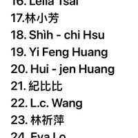 可能是顯示的文字是「 14. 14.JosieTai Josie Tai 15. 李婉菁 16. 16.LeilaTsai Leila Tsai 17.林小芳 18. Shih chi Hsu 19. Yi Feng Huang 20. 20.Hui-jen Hui -jen Huang 21. ２１.紀比比 22. 22.L.c.Wan L.c. Wang 22.L.c. 23. 23.林祈済 林祈萍 24. 24.EvaLo Eva Lo 25. Anna Li 26. May May 」的圖像