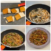 可能是香菇、炒麵和豆腐的圖像