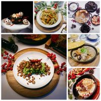 可能是水果塔、義大利麵、舒芙蕾和文字的圖像