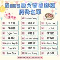 可能是炒麵和顯示的文字是「恭喜× 喜 得獎者 46 Nana贴文留言蓋樓 得獎名單 45ShuwanWeng 45 Shuwan Weng 효효에 47 49 林参寶 48 李婉菁 50 52 Lydia Lee 項文淑 51 Peijun PeijunZhan Zhan 53 Lai Lai 55 歐諺蓉 54 陳震方 56 Chia Hung 胡瓊方 58 Angela Angela Chang 57 59 61 許淑惠 張敏婚 Erica Wu 62 60 Catherine Tang 64 陳石儒 Jane Chow 63 Hui-jen Huang 65YiFengHuang 65 Yi Feng Huang 66 感謝大家熱心參與， 期待您的開箱 黃小凡」的圖像