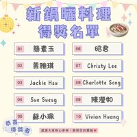 可能是顯示的文字是「 01 新鍋曬料理 得獎名單 簡素玉 簡素玉0昭君 06 昭君 02 黃雅琪 07 03 Christy Lee JackieHsu Jackie Hsu 04 08 Charlotte Song Sue SueSuesg Sue Suesg 09 陳澄如 蘇小珮 10 Vivian 蘇小珮T0ivianHuang VivianHuar Huang Huang 05 恭喜 得獎者 感謝大家幾心學與 得獎者風謝大家融心學與，開帶您的關新 感謝大家熱心參與，期待您的開箱 期待您的開箱」的圖像