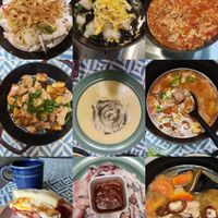 可能是歐姆蛋、拉麵、粥、豆腐、香菇和文字的圖像