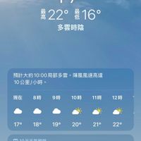 可能是地圖和顯示的文字是「 07:06 100 Kaohsiung City 17° 需22°番16° 湯2２° 番16° 多雲時陰 預計大約10：0 預計大約10：00局部多雲， 預計大約10：00局部多雲。陣風風速高達 司部多雲。 陣風風速高達 10公里/小時。 現在 8時 9時 9時 10時 11時 12時 17° 18° 19° 20° 21° 22° 10天天氣預報 今天 今天 16° 一 週四 22° 16° 週五 週五 23° 17° 印 22° 」的圖像