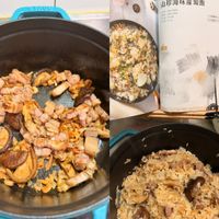 可能是炒飯、西班牙大鍋飯、香菇、豆腐和文字的圖像