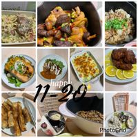 可能是豆腐、炒飯、炒麵、燉小牛膝和文字的圖像