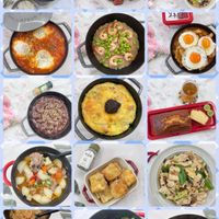 可能是炒飯、拉麵、豆腐、炒麵和顯示的文字是「 STAUB 80 UIB 고추침 8 EOTAS 香越粉 eT PIC.COLLAGE 」的圖像