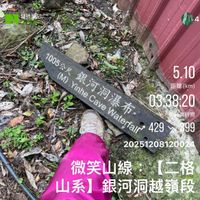 可能是顯示的文字是「健行筆記 1005公尺 (M) Yinhe 銀河洞瀑布· 洞 5.10 距離 距離（m) (km) Cave 03 .38:20 Waterfalr ιλ 429399 99 費時間 429 202512081200 微笑山線：【二格 【二格 微笑山線 山系 銀河洞越嶺段」的圖像