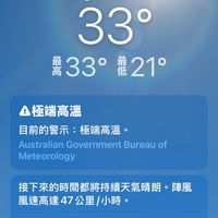 可能是顯示的文字是「 3:58 .5G 5G 我的位置 Haymarket 33° 需33°最21° 最 量安 高 33° 番21° 低 極端高溫 目前的警示： 目前的警示：極端高溫。 極端高溫。 Australian Government Bureau AustralianGovernmentBureau of Meteorology 接下來的時間都將持續天氣晴朗 ·陣風 風速高達 風速高達47公里/小時。 現在 在下午4時 在下午4時下午5時　下午6時 下午4時 下午5時 下午6時 33° 33° 32° 31° 」的圖像