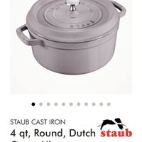 可能是顯示的文字是「 ZWILLING IT'S CULINARY WORLD QT, ROUND, DUTCH OVEN, LILAC END OF YEAR SALE OFFER ENDING SOON STAUE ン S STAUB CAST IRON 4 qt, Round, Dutch staub Oven, Lilac $369.99 $149.99 -59 % FREE STAUB Tools Sef with purchase. qt, Round, Dutc... 4.7 (2985 -59% $369.99 $149.99 」的圖像